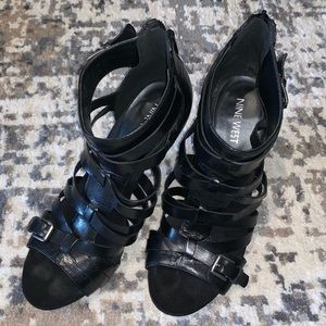 Nine West Black Leather Strappy Heels